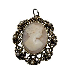 Vermeil Carved Shell Cameo Pendant Faux Pearl Accent Gold Tone Sterling Silver
